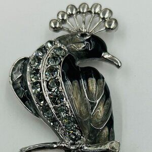 BIG HUGE PEACOCK RHINESTONE BROOCH CRYSTAL GLASS BLACK GRAY SILVERTONE METAL